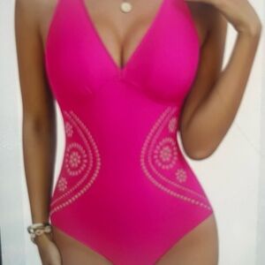 Pink One-Piece Swimsuit with Embroidery